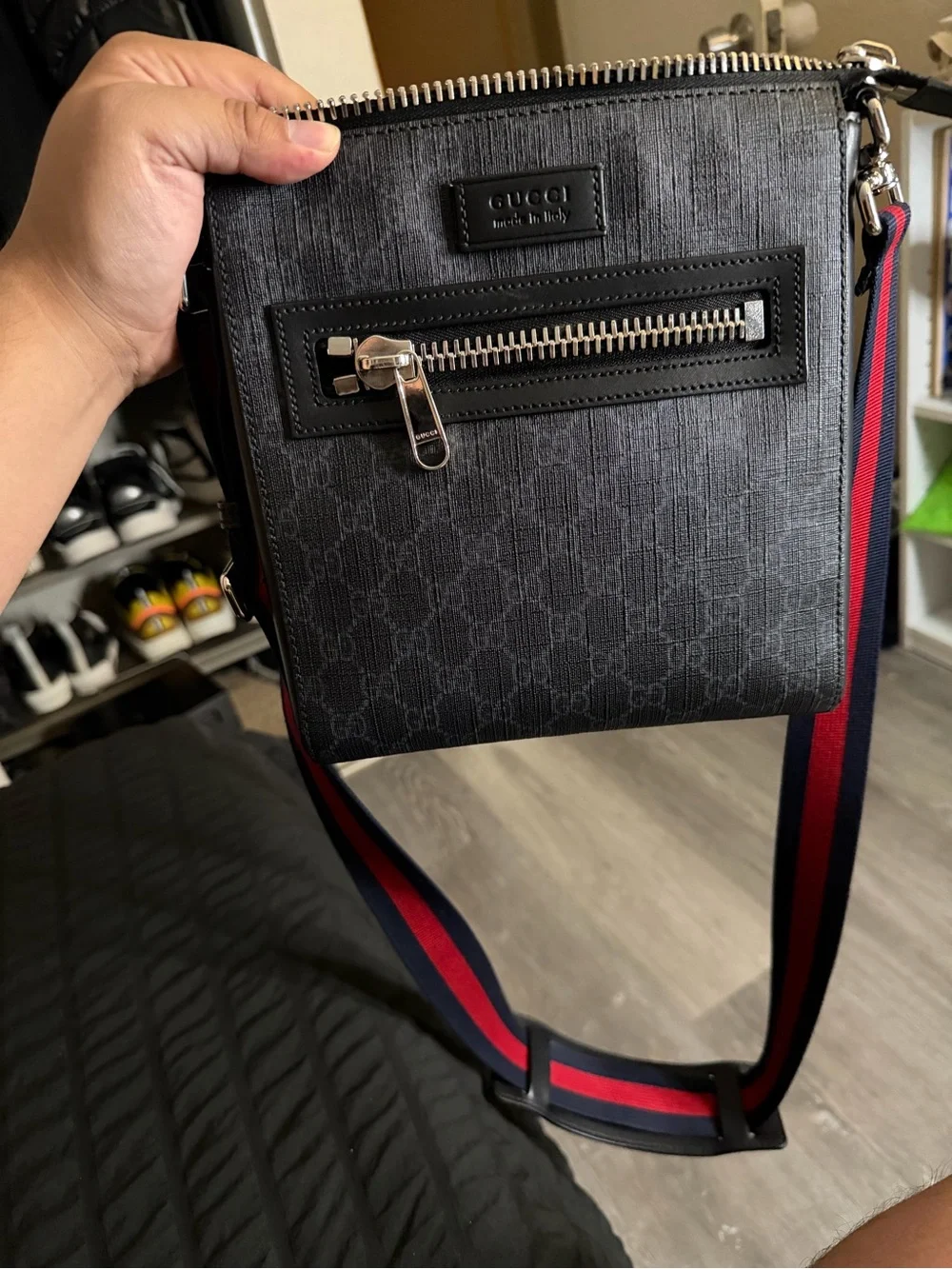 Gucci Black Leather with red and blue  Handbag with Interior Serial Tag